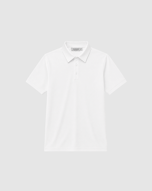 A white short-sleeve oceanform polo shirt with a classic collar and a three-button placket, displayed flat against a light gray background.