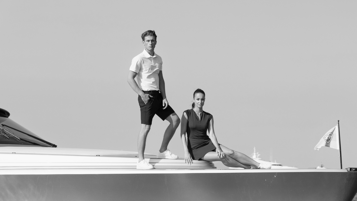 Oceanform yacht crew uniform bow shot of models in black and white