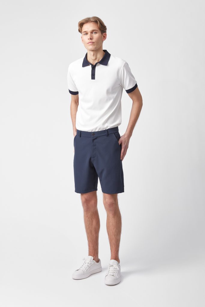mens performance polo shirt and shorts in navy yacht uniforms
